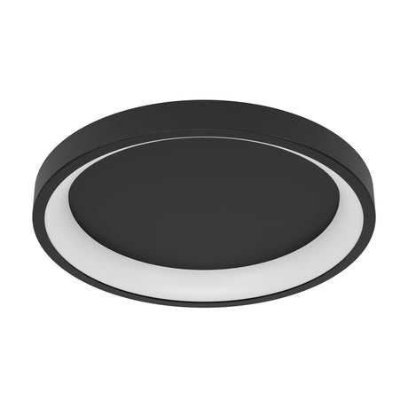 Loretello Smart LED Flush Ceiling Light 35cm in black, a round fixture with a black steel body, white plastic diffuser ring, and dark centre disc, shown on a plain white background.