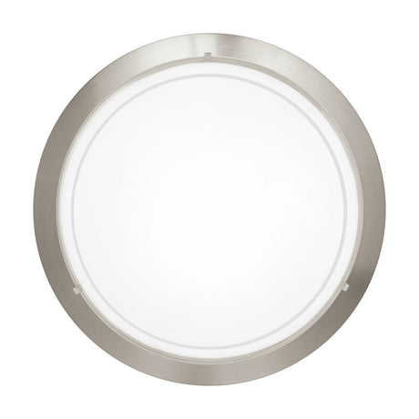 Lornette Flush Ceiling Light with round satin nickel rim and white domed glass shade, E27 fitting, shown on a plain white background.