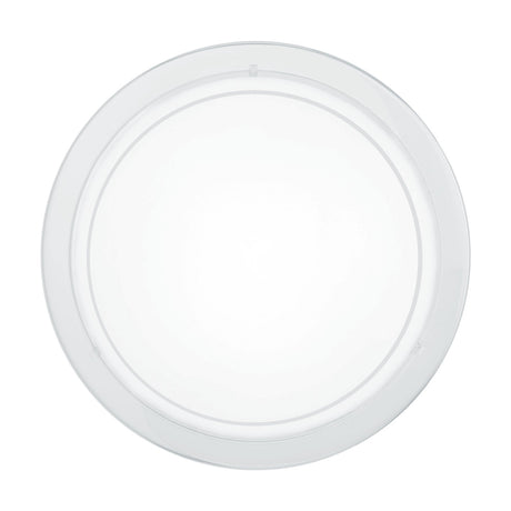 Lornette Flush Ceiling Light in white, round glass shade with clear outer band on a white steel body, shown against a plain white background.