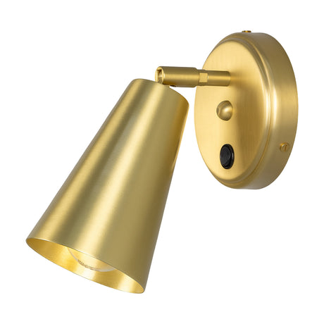 Lorvia Brass Wall Light with a round backplate, tiltable cone shade, and visible switch and screw fittings, shown on a plain white background.