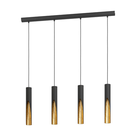 Losessa Linear Pendant Light in black and gold, with four slim steel tube shades on a black ceiling bar, each with a pointed gold-leaf lined cut-out, shown on a white background.