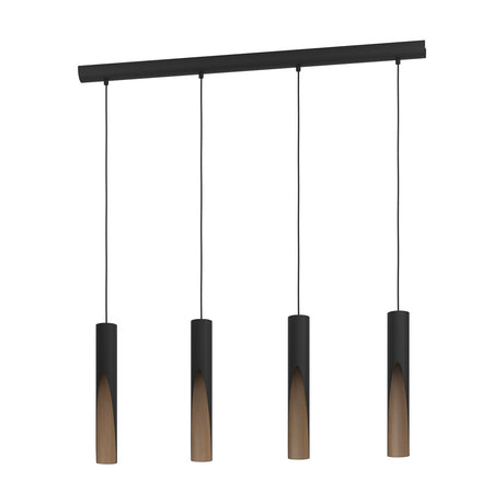 Losessa Linear Pendant Light in black with a long ceiling bar, four slim tube shades featuring brown wood-grain cutaway linings, steel and wood construction.