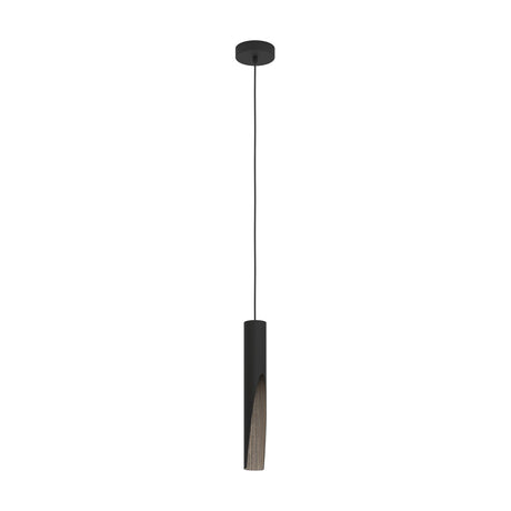 Losessa Pendant Light in black steel with a slim cylindrical shade, angled cut-out revealing a brown wood interior, round ceiling canopy, and long cord, shown on a plain white background.