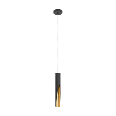 Losessa Pendant Light in matt black steel, slim cylindrical shade with slanted gold leaf-lined base, GU10 fitting, black cord and round ceiling rose, on a plain white background.