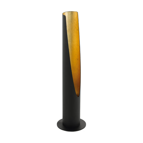 Losessa Table Lamp in black steel, tall round column with angled cut-out revealing gold-leaf interior, on a round flat base, plain white background.