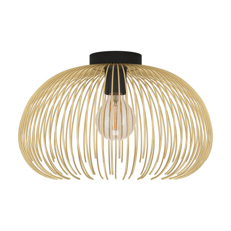 Losmora flush ceiling light with a domed cage of curved gold steel wires, black ceiling canopy, and a single exposed E27 bulb, shown on a white background.