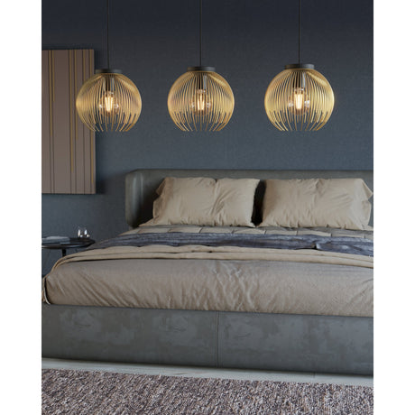 Losmora Linear Pendant Light in black and gold, three globe-shaped gold wire shades on black cords with exposed bulbs, hung above a bed in a dark-walled bedroom.