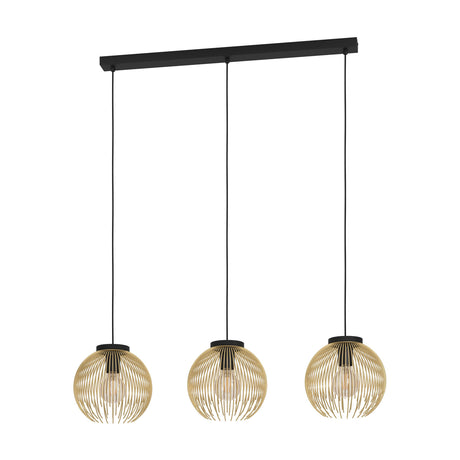 Losmora Linear Pendant Light featuring a black ceiling bar with three gold wire globe shades on black cords, exposed bulbs, steel construction, shown on a white background.