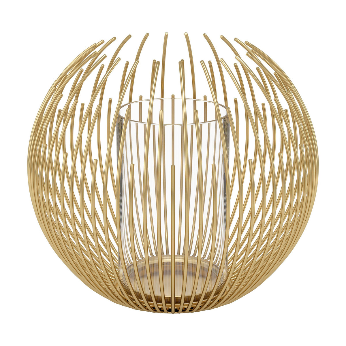 Losmora metal hurricane lantern in brass finish, with curved rods forming a round open-top cage around a clear glass cylinder, shown on a plain white background.