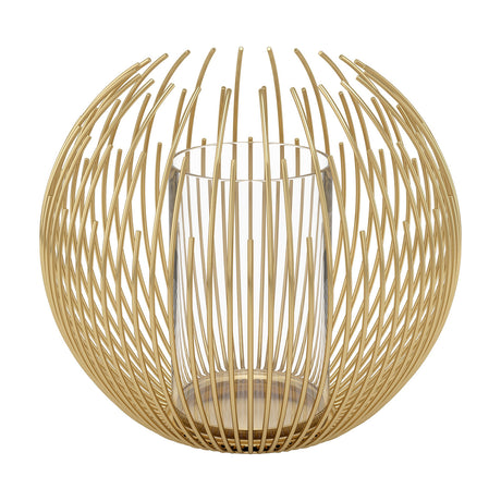 Losmora metal hurricane lantern in brass finish, with curved rods forming a round open-top cage around a clear glass cylinder, shown on a plain white background.