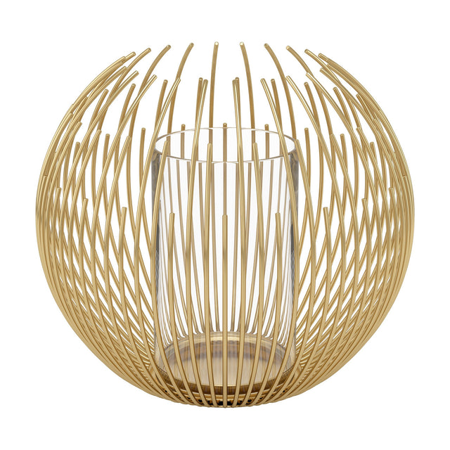 Losmora metal hurricane lantern in brass finish, with curved rods forming a round open-top cage around a clear glass cylinder, shown on a plain white background.