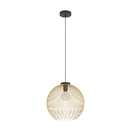 Losmora Pendant Light 40cm in Black & Gold, a single E27 fixture with a round shade of fine gold steel wires on a black cap and cord, shown on a plain white background.