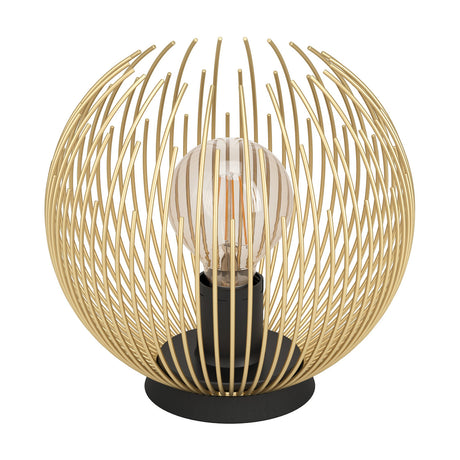 Losmora table lamp with a spherical cage of curved gold steel rods on a round black base and black E27 bulb holder, shown on a plain white background.