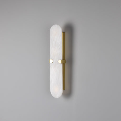 Lothian Alabaster 4 Lamp Wall Light IP44, tall rounded white glass panel with soft veining mounted on a narrow brass backplate with two clips, shown on a plain grey background.