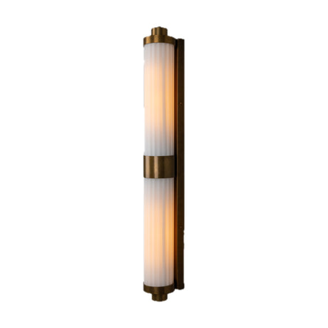 Louise Twin Opal Ribbed Glass Wall Light IP44, two vertical opal glass tubes joined by a brass centre band on a slim backplate, shown lit on a plain white background.