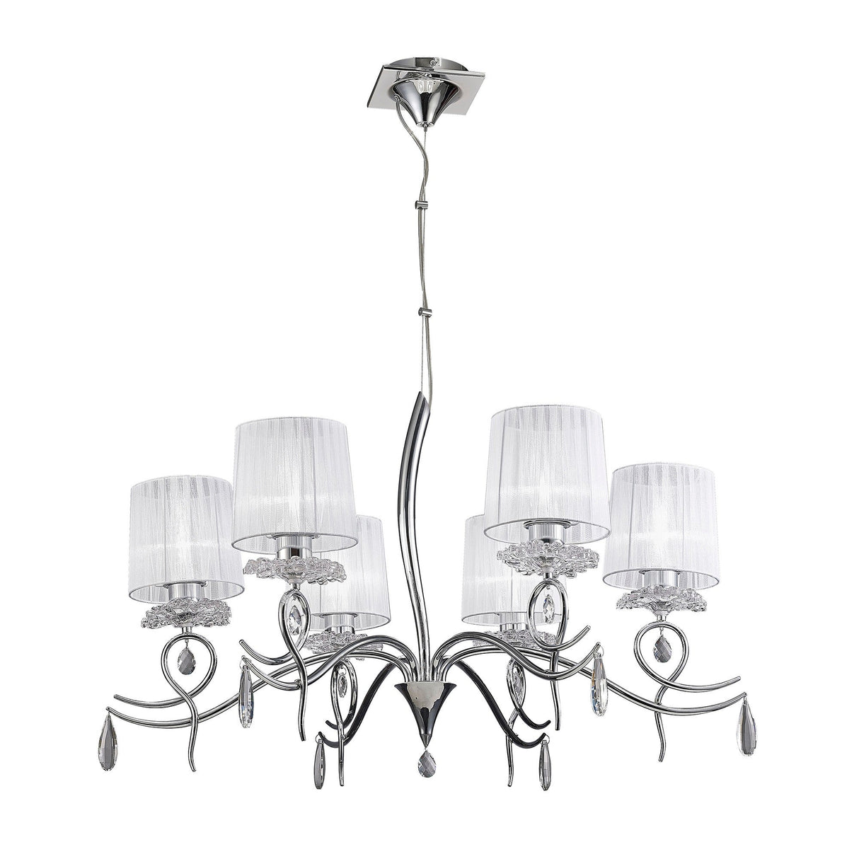 Louise 88cm 6 Light Crystal Chandelier - Chrome With White Shades
