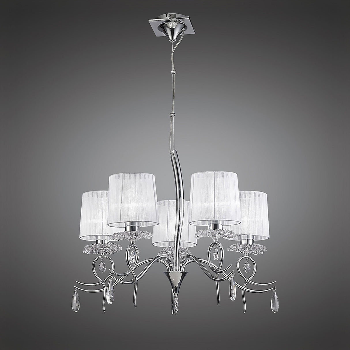 Louise 74cm 5 Light Crystal Chandelier - Chrome With White Shades