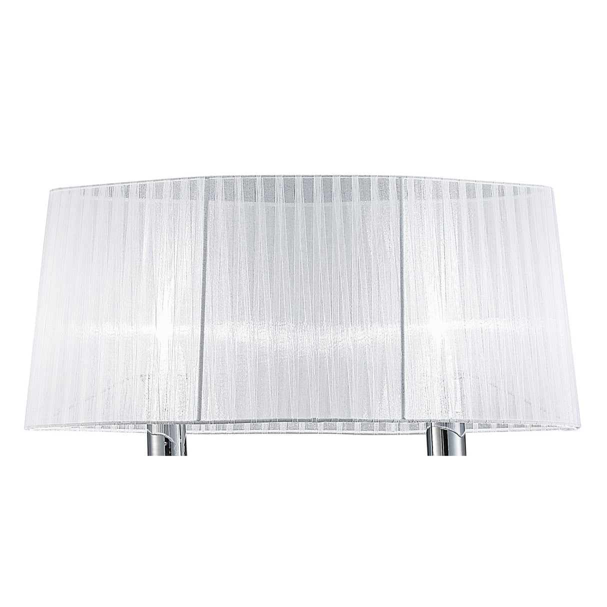 The Louise 2 Light Crystal Floor Lamp features a polished chrome base and a white pleated shade, elegantly showcased against a white background to highlight its ambient lighting effect.