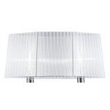 The Louise 2 Light Crystal Floor Lamp features a polished chrome base and a white pleated shade, elegantly showcased against a white background to highlight its ambient lighting effect.