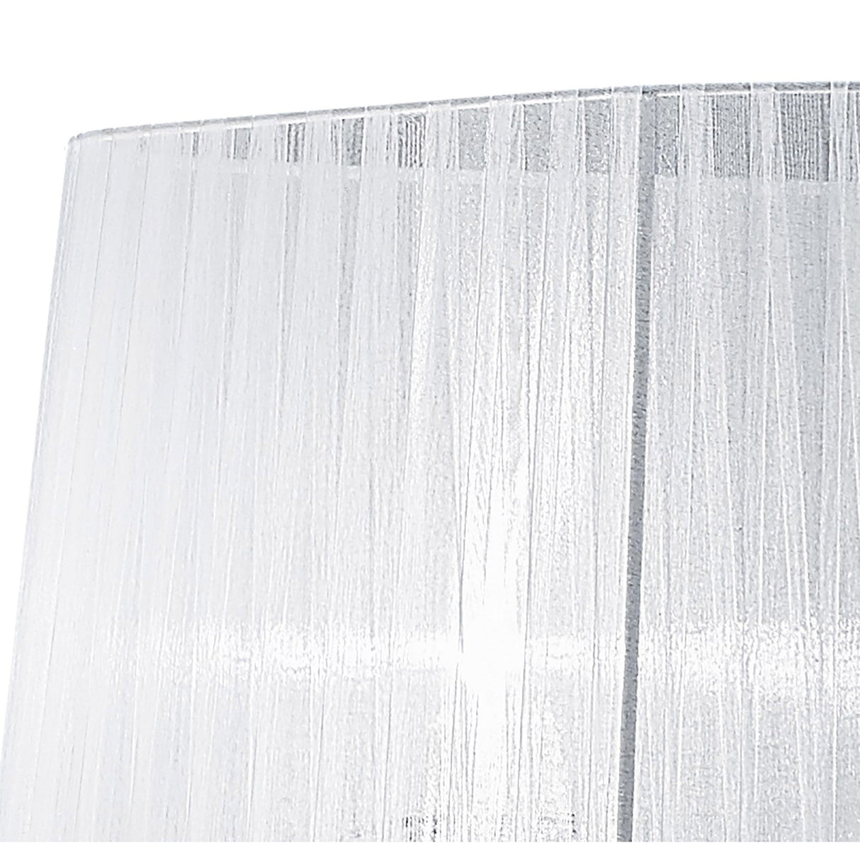 Close-up of the Louise 2 Light Crystal Floor Lamp in chrome, featuring a white shade with a subtle vertical textured pattern, softly illuminated to show off its slightly transparent fabric and gentle ambient lighting.
