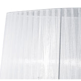 Close-up of the Louise 2 Light Crystal Floor Lamp in chrome, featuring a white shade with a subtle vertical textured pattern, softly illuminated to show off its slightly transparent fabric and gentle ambient lighting.