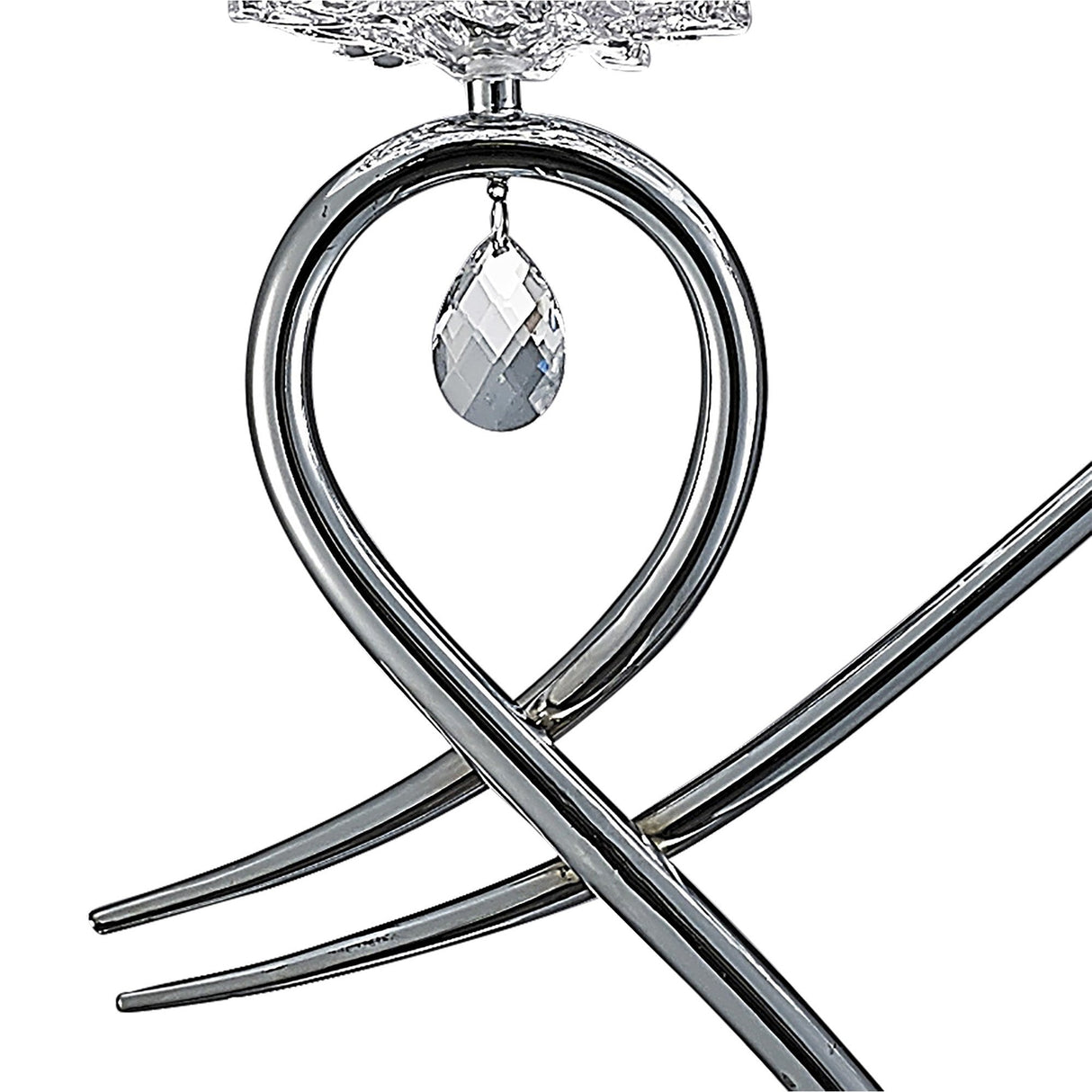 Close-up of the Louise 2 Light Crystal Floor Lamp—chrome finish with a white shade, curved lines forming a loop, and a faceted crystal center. Its modern, elegant design brings ambient lighting to any room.