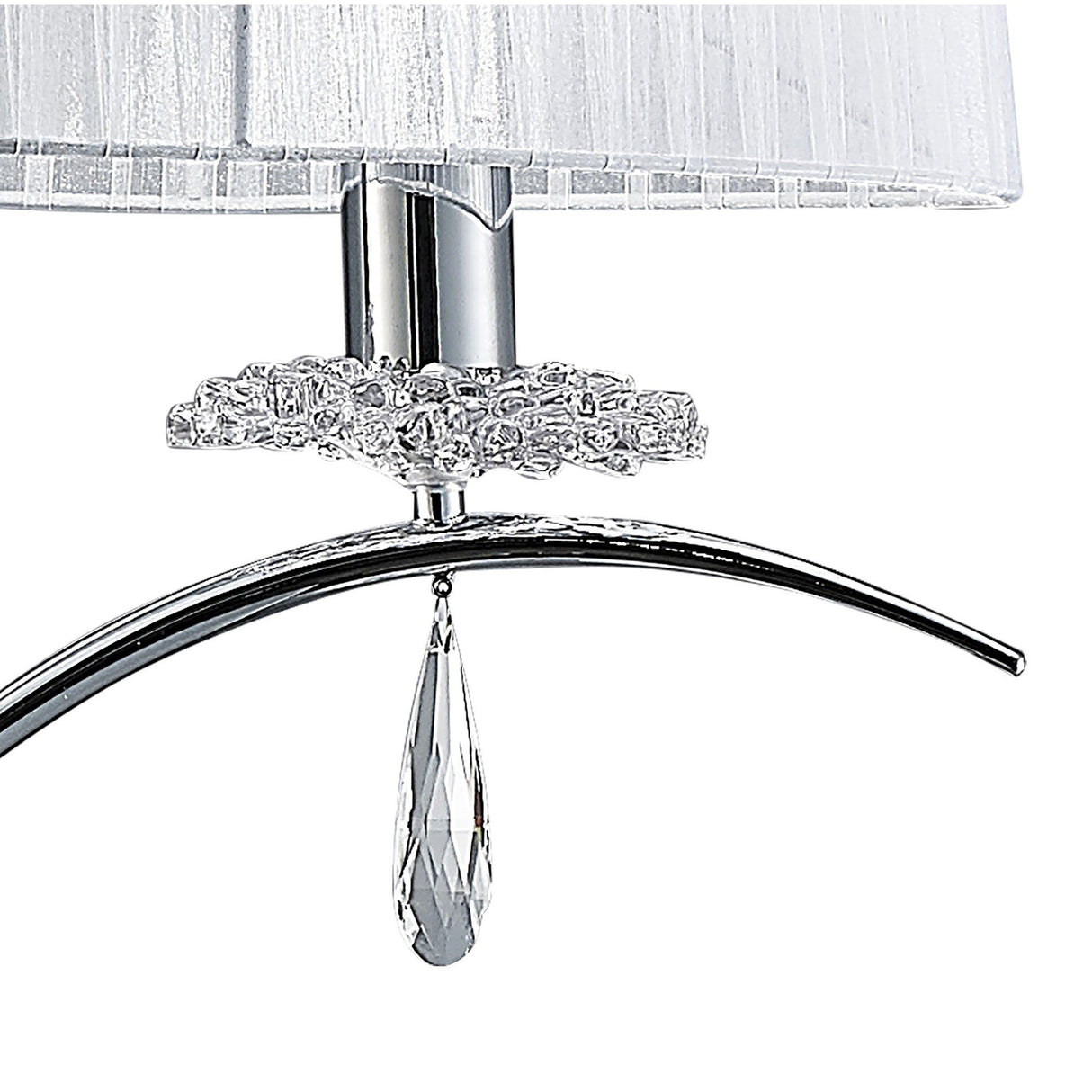 Close-up of the Louise 2 Light Crystal Floor Lamp—chrome finish, cylindrical stem, white shade, decorative crystal ring, and hanging teardrop crystal pendant—for elegant ambient lighting.
