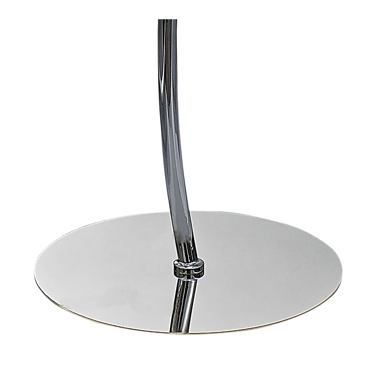 The Louise 2 Light Crystal Floor Lamp features a shiny, round polished chrome base with a central vertical pole, reflecting light and part of the pole on its smooth surface. The lamp includes a white shade for a modern look.