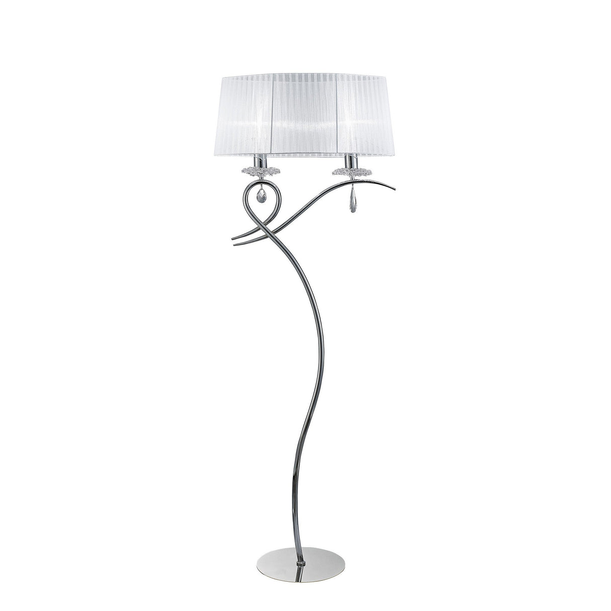 The Louise 2 Light Crystal Floor Lamp features a curved chrome stand, two white pleated shades, and decorative glass accents for elegant ambient lighting against a plain white background.