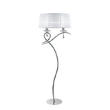 The Louise 2 Light Crystal Floor Lamp features a curved chrome stand, two white pleated shades, and decorative glass accents for elegant ambient lighting against a plain white background.