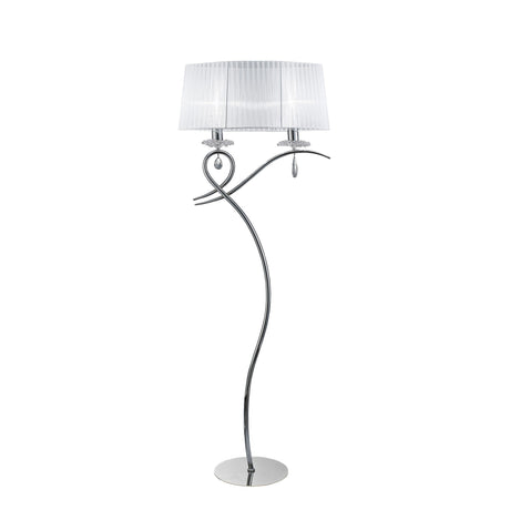 The Louise 2 Light Crystal Floor Lamp features a curved chrome stand, two white pleated shades, and decorative glass accents for elegant ambient lighting against a plain white background.
