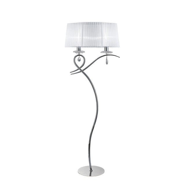 The Louise 2 Light Crystal Floor Lamp features a curved chrome stand, two white pleated shades, and decorative glass accents for elegant ambient lighting against a plain white background.