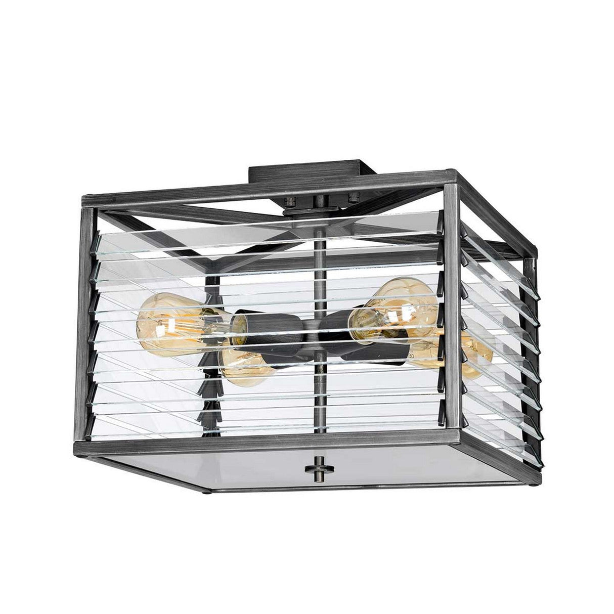 The Louvre 4 Light Flush in a sleek graphite finish features a square, modern design with clear glass panels and four exposed bulbs that emit a warm glow. This fixture strikes the perfect balance between industrial and minimalist styles, making it an ideal choice for those seeking industrial lighting with a stylish edge.