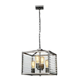 The Louvre 4 Light Chandelier - Graphite showcases a modern industrial style, highlighted by its sleek cage-like metal frame with a refined graphite finish. Four exposed Edison-style bulbs dangle gracefully from a chain attached to a square ceiling mount, forming an eye-catching focal point.