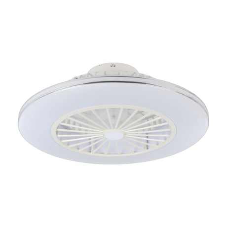 Lovisca round ceiling fan with integrated LED light, white ABS body with silver edge band, milky acrylic ring shade and white spoked central fan cage, shown on a plain white background.