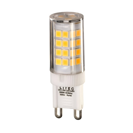 The Litec 3W Dimmable Capsule Bulb features a cylindrical clear casing that showcases rows of yellow LED squares inside. The bulb's base is white with metal prongs for connectivity, indicating its G9 compatibility and specification details such as wattage and voltage are included.