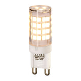 The Litec 3W Dimmable Capsule Bulb, featuring a clear G9 design, is recognized for its energy efficiency and emits a warm glow through its grid-like arrangement of illuminated panels. Its white base contains specifications including 3000K color temperature, operates at 220-240V, offers full 360° illumination, produces 320 lumens of light output, and complies with RoHS standards.