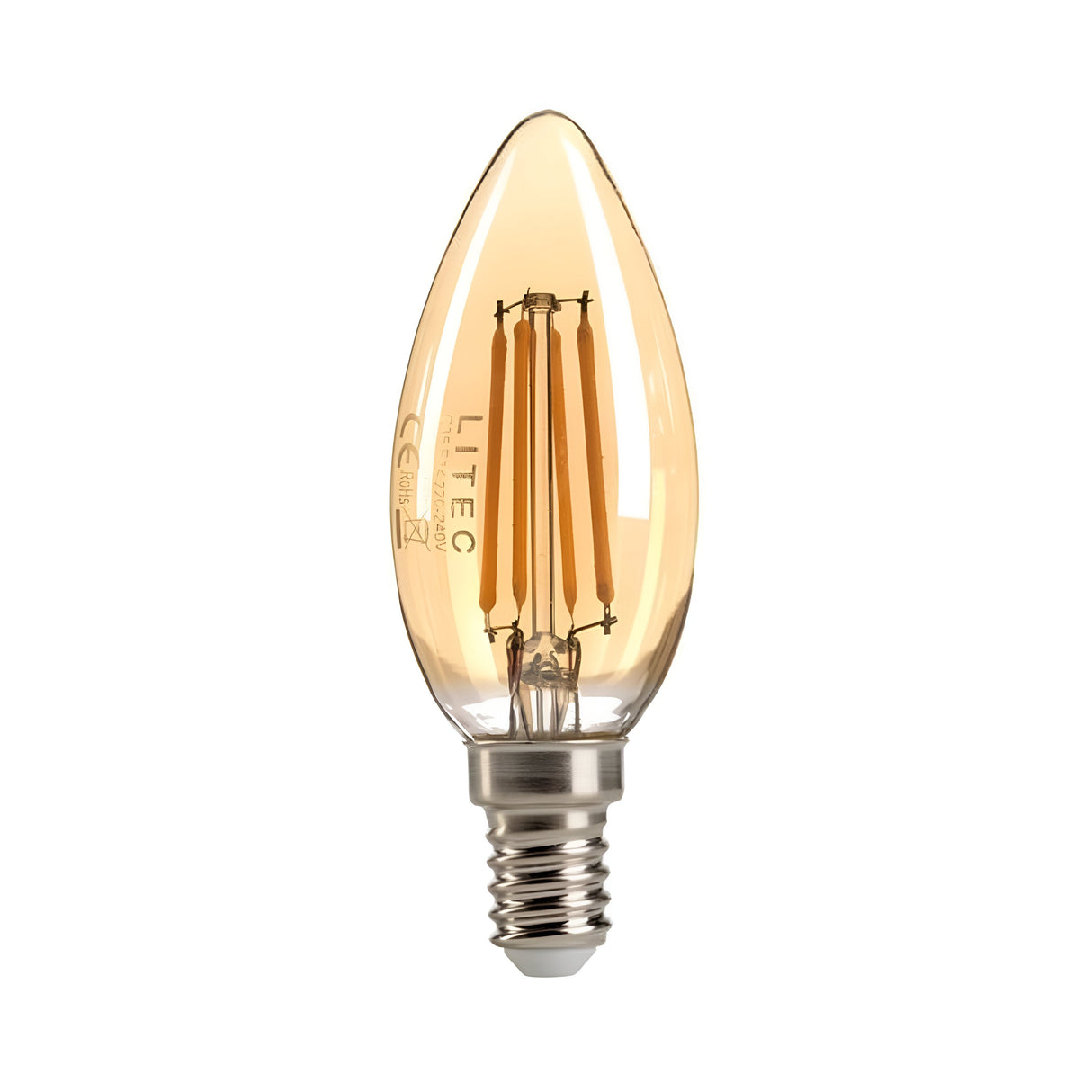 Introducing the 4W Dimmable LED Candle Filament Bulb with a vintage-inspired design, featuring clear amber glass in a classic candle shape. This bulb includes an E14 metallic screw base under the LITEC label and offers dimmable capabilities for versatile lighting options at 3000K.