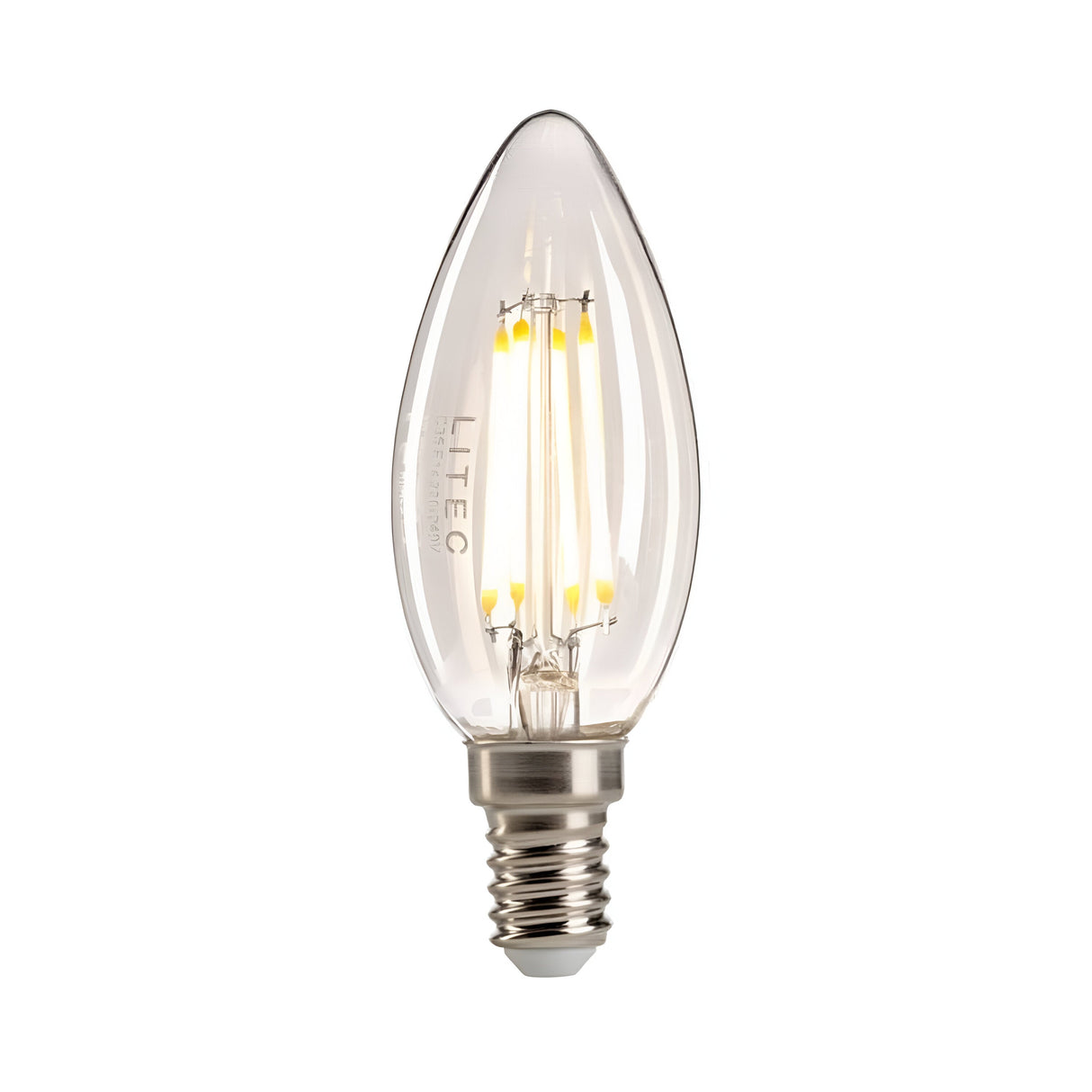A compact, dimmable 4W LED candle bulb by LITEC features a clear glass filament and a metal E14 screw base. The bulb is elegantly designed with an elongated, teardrop shape that tapers to a point at the top.