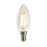 A compact, dimmable 4W LED candle bulb by LITEC features a clear glass filament and a metal E14 screw base. The bulb is elegantly designed with an elongated, teardrop shape that tapers to a point at the top.