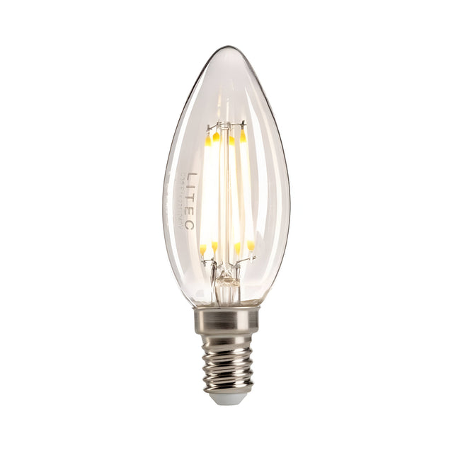 A compact, dimmable 4W LED candle bulb by LITEC features a clear glass filament and a metal E14 screw base. The bulb is elegantly designed with an elongated, teardrop shape that tapers to a point at the top.