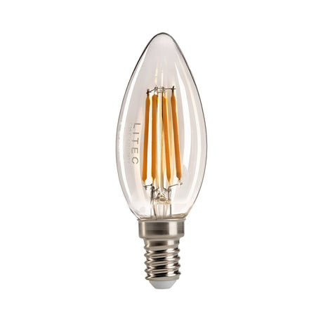 The 4W Dimmable LED Candle Filament Bulb features a clear, transparent glass design with an E14 small screw base, showcasing elegantly visible filaments inside the bulb and offering a warm 3000K light.