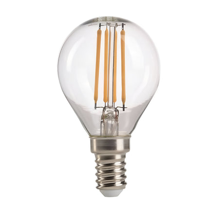 The 4W LED Golf Ball Filament Bulb features a clear design with visible orange filament-style rods and a silver E14 screw base, exuding vintage-inspired charm. It emits a warm 3000K glow against a plain white background, showcasing energy-efficient lighting at its finest.