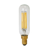 The 4W Dimmable LED Tubular Filament Bulb - Clear, E14, 3000K boasts a vintage-style design with an elongated shape and clear glass casing. Its brass screw base and visible vertical filament strips provide a retro and industrial appearance while delivering energy-efficient lighting.