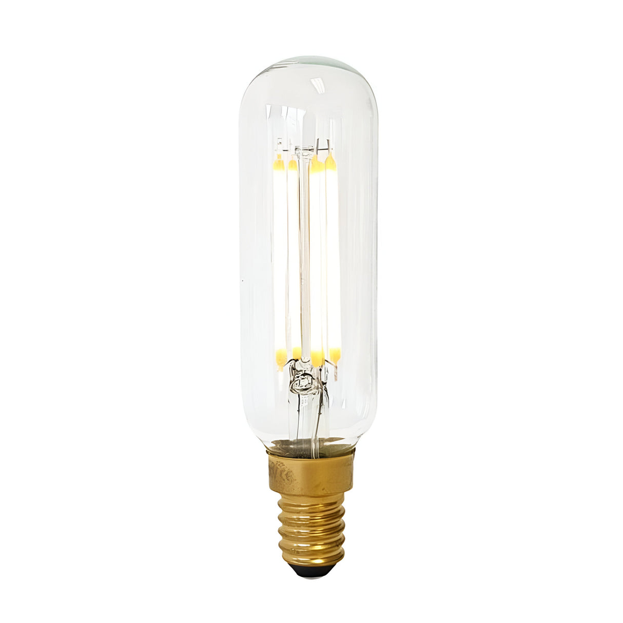 The 4W Dimmable LED Tubular Filament Bulb in clear, featuring an E14 gold screw base, is elegantly displayed against a white background, highlighting the visible LED filaments within its glass casing. This bulb is perfect for those looking for energy-efficient lighting solutions with its warm 3000K glow.