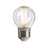 A 4W LED Golf Ball Filament Bulb is displayed against a white background, featuring a clear round shape with visible glowing inner elements. The bulb is energy-saving with a metallic E27 base, and emits a warm 3000K light.