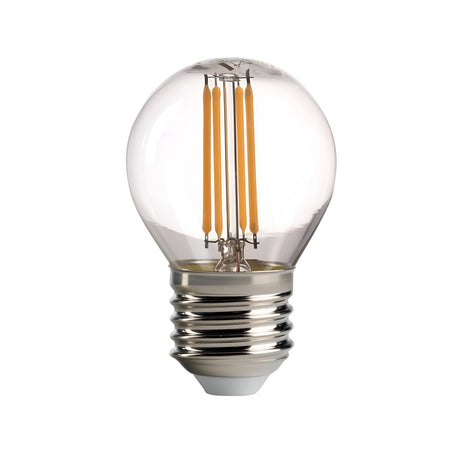 The 4W LED Golf Ball Filament Bulb - Clear, E27, 3000K features a clear vintage design with a metallic base and internal vertical filaments. It is displayed against a white background, showcasing its classic round shape that elegantly combines modern aesthetics with energy-saving lighting technology.