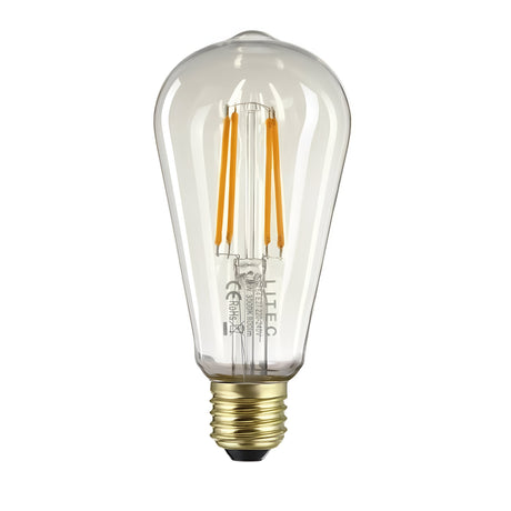 The 7W Dimmable LED Squirrel Cage Filament Bulb offers an elegant blend of classic Edison-style glass and a brass E27 screw base, with a clear casing that beautifully displays its glowing orange filaments.