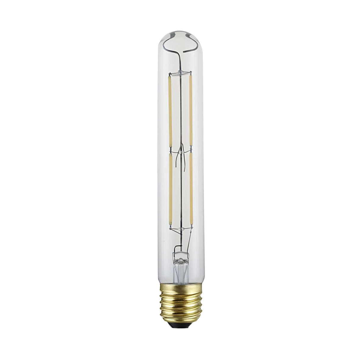 A 7W dimmable LED tubular filament bulb with a clear design and a brass-colored E27 base is centered against a white background.