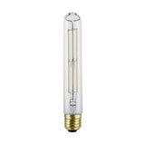 A 7W dimmable LED tubular filament bulb with a clear design and a brass-colored E27 base is centered against a white background.